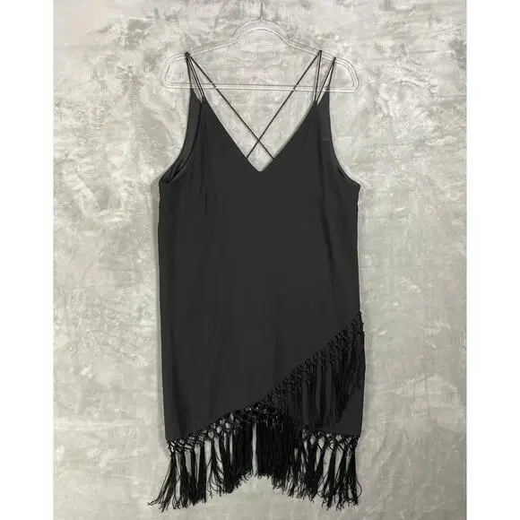 H&M V-Neck Cross Strap Wrap Skirt Fringe Evening Wear Party Dress Black Sz Large - Picture 2 of 9